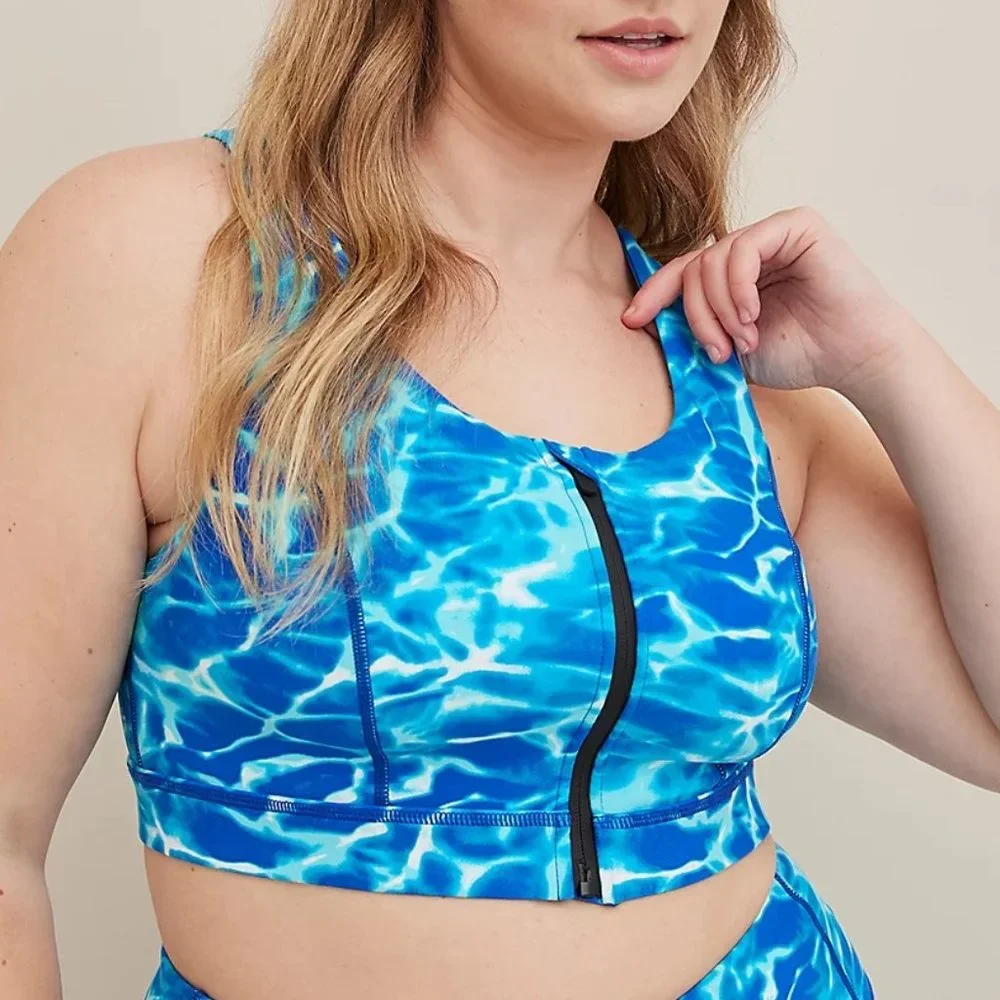 Torrid Bra 2X 3X 4X Active Blue Waves Strappy Back Zip Front Performance Plus